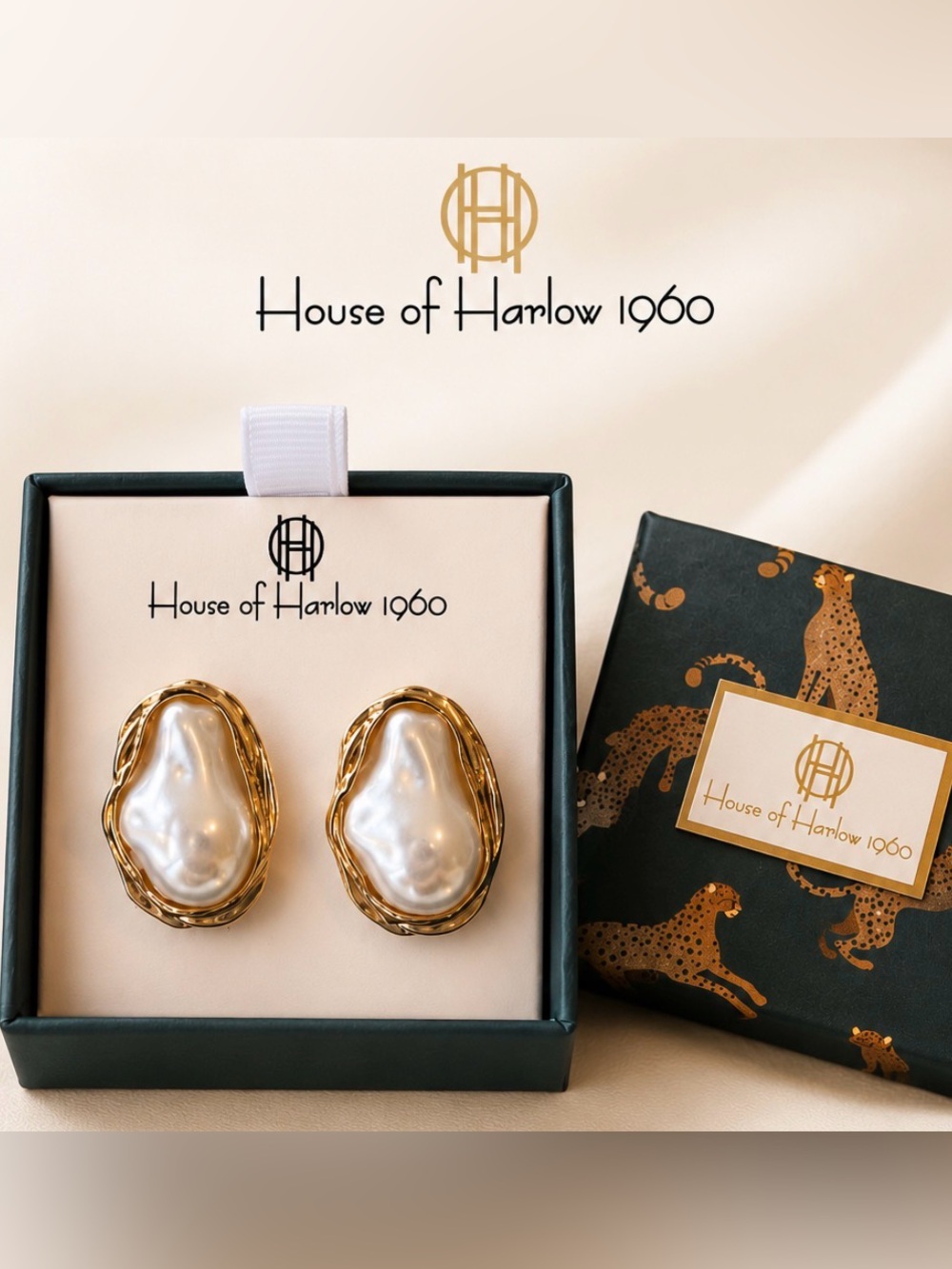House of Harlow 1960 Gold and Pearl Sculpted Frame Earrings